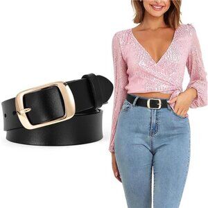 Womens Leather Belt Gold Buckle Adjustable Waist Belt Jeans Pants 1.3 Inch